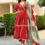 Judge Boutique Stylish Fashionable Women's Rayon Anarkali Solid Printed Lace Work Kurta Pant Frock Suit and Nazmine Dupatta Set