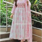 Judge Boutique Women's Cotton Printed White Anarkali Kurta Frock Suit with Palazzo & Dupatta Set